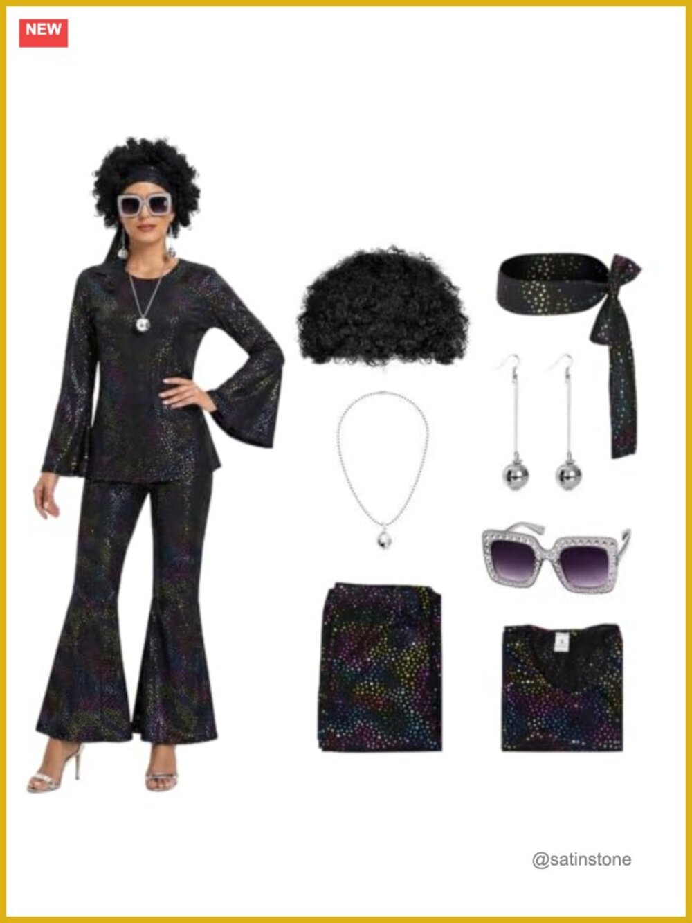 70s Retro Disco Outfit for Women Sequined Bell Bottom Costume with Wig